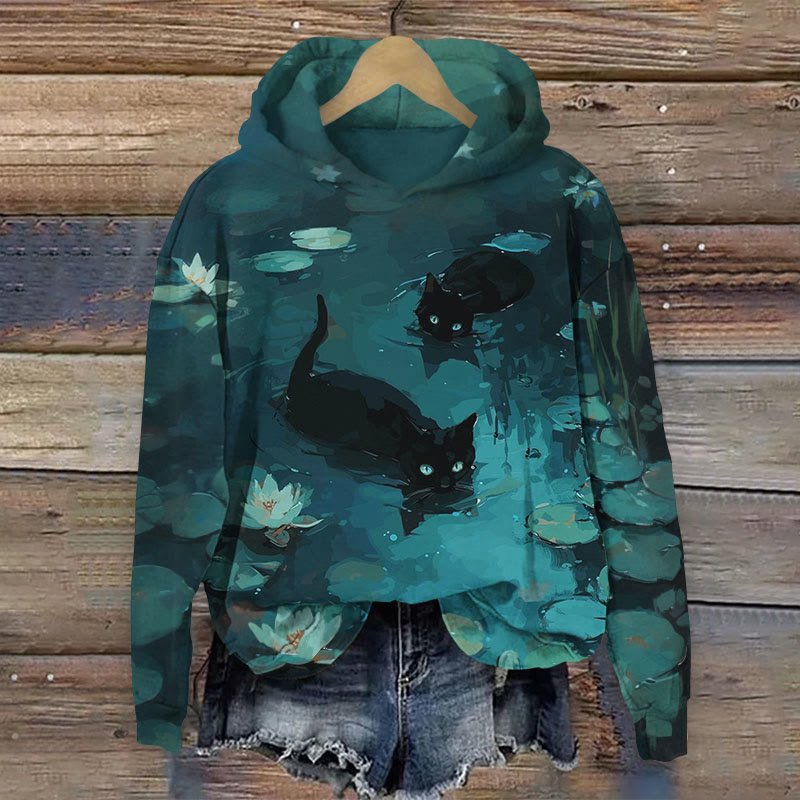 Women's Funny Black Cats In A Lake Print Long Sleeve Hoodie - Dark Green - 8XL - image 1