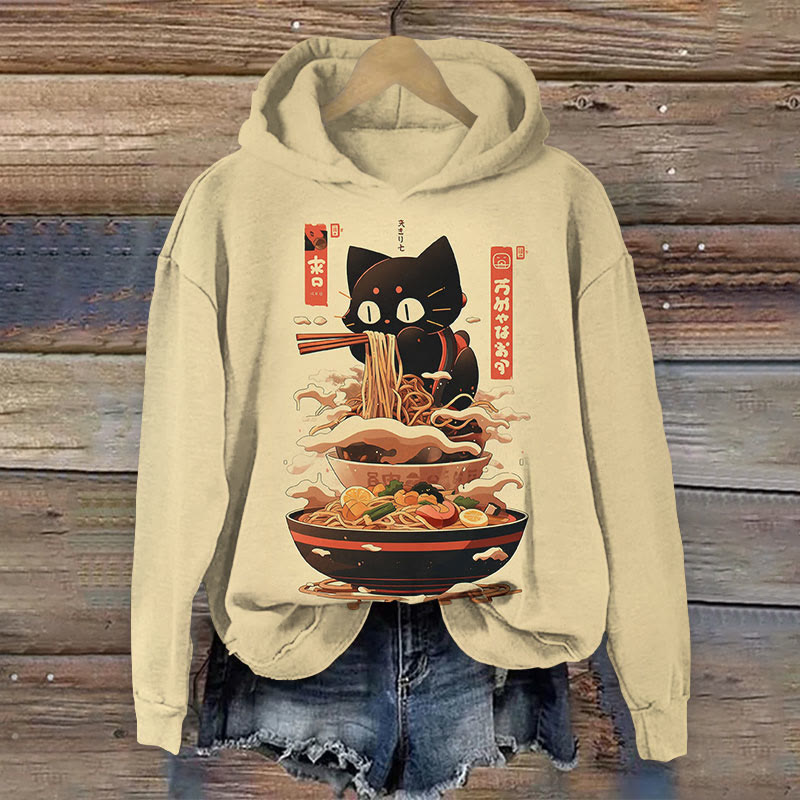 Japanese Ramen Cartoon Cat Print Long Sleeve Hoodie - Khaki - 8XL - image 1