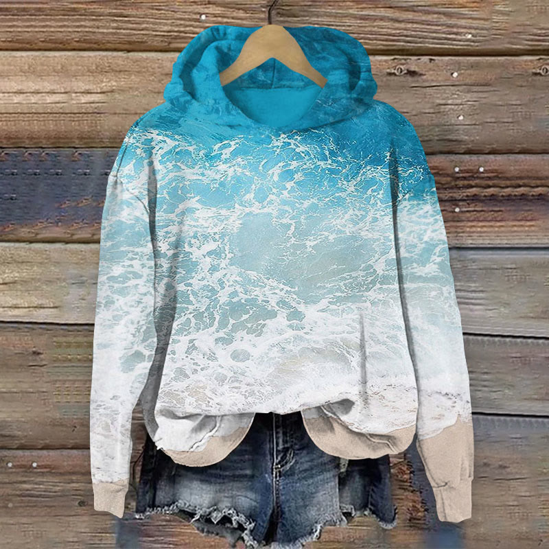 Women's Wave Ombre Art Print Long Sleeve Hoodie - Blue - 8XL - image 1