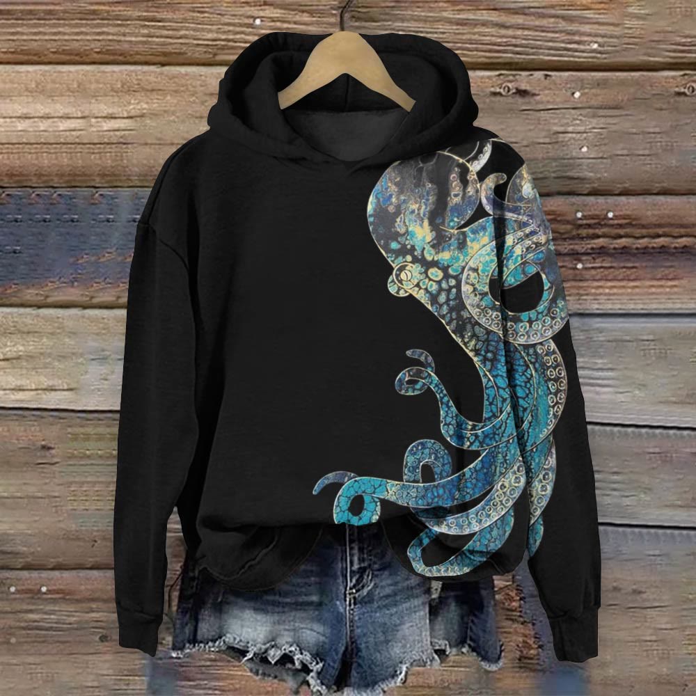 Watercolor Contrast Octopus Print Long Sleeve Hoodie - Lake Blue - 8XL - image 1