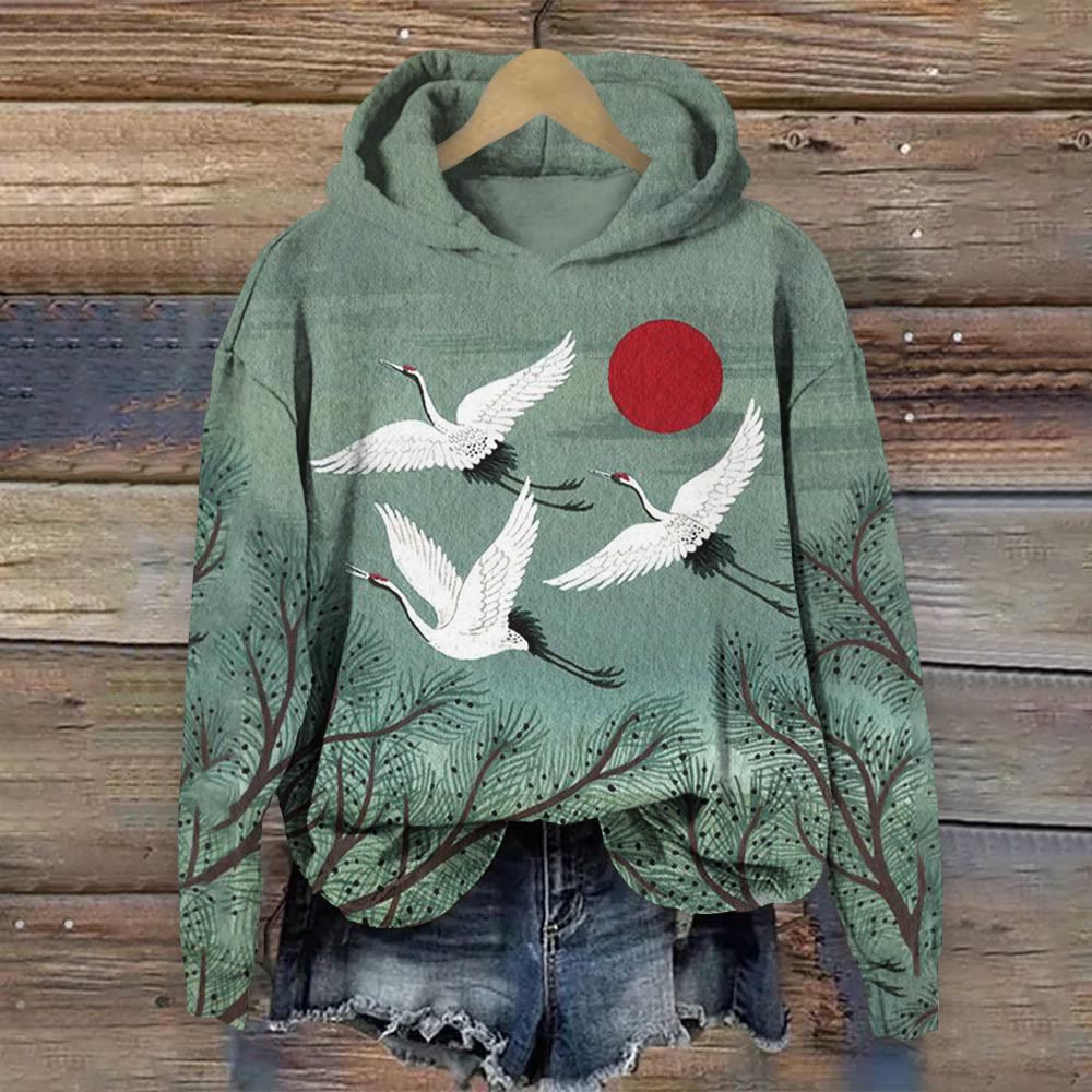 Japanese Style Flying Cranes And Red Sun Print Long Sleeve Hoodie - Green - 8XL - image 1