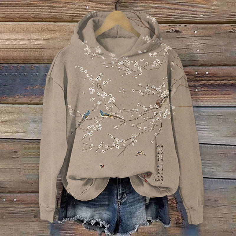 Vintage Flower And Bird Ink Painting Poetry Calligraphy Art Print Long Sleeve Hoodie - Coffee - 8XL - image 1