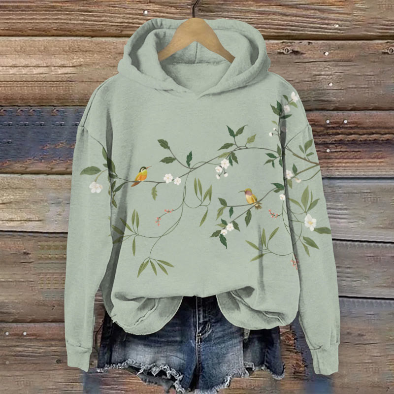 Elegant Bird And Flower Art Print Long Sleeve Hoodie - Green - 8XL - image 1