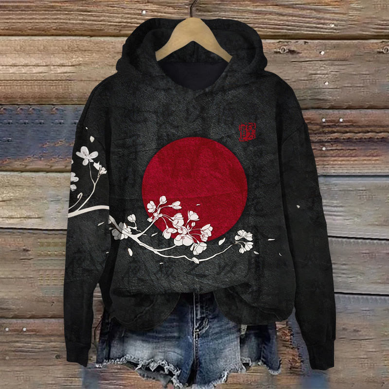 Japanese Style Red Moon Floral Art Print Long Sleeve Hoodie - Black - 8XL - image 1