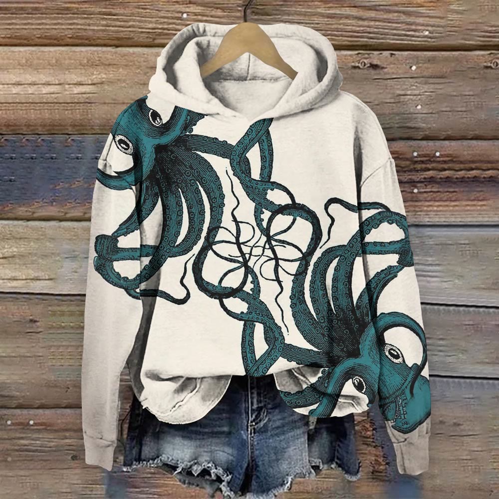 Vintage Oil Painting Octopus Print Long Sleeve Hoodie - Beige - 8XL - image 1
