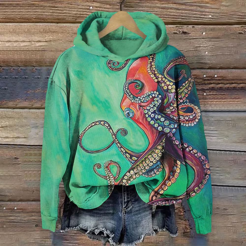 Contrast Color Oil Painting Octopus Print Long Sleeve Hoodie - Green - 8XL - image 1