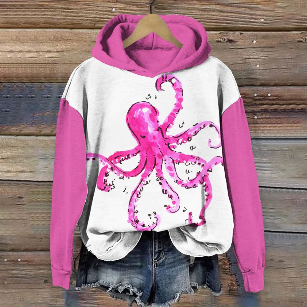 Colorblock Watercolor Octopus Print Long Sleeve Hoodie - Pink - 8XL - image 1