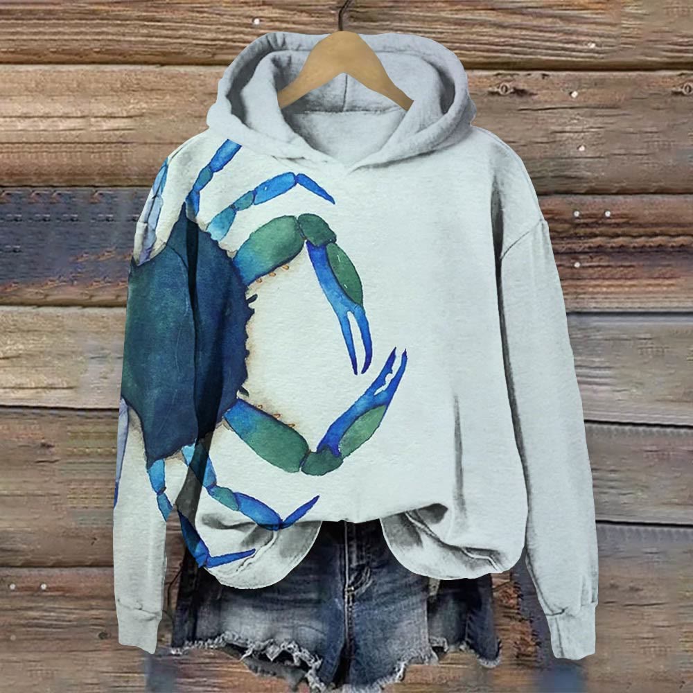 Vintage Watercolor Crab Print Long Sleeve Hoodie - Light Blue - 8XL - image 1