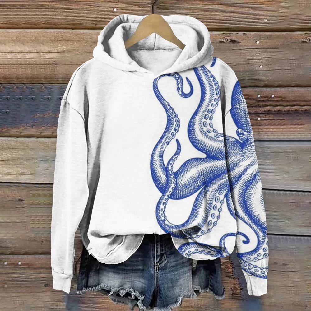 Vintage Octopus Japanese Print Long Sleeve Hoodie - White - 8XL - image 1
