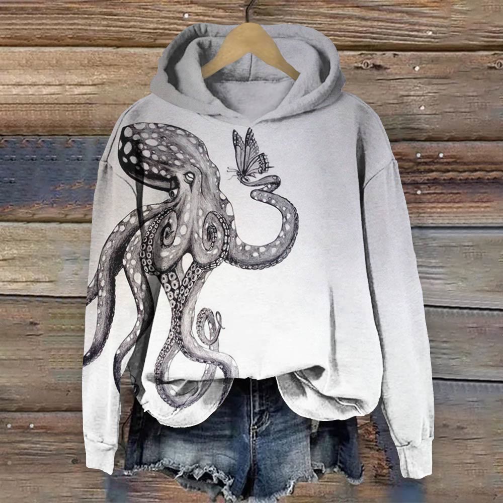 Vintage Octopus And Butterfly Print Long Sleeve Hoodie - Light Gray - 8XL - image 1