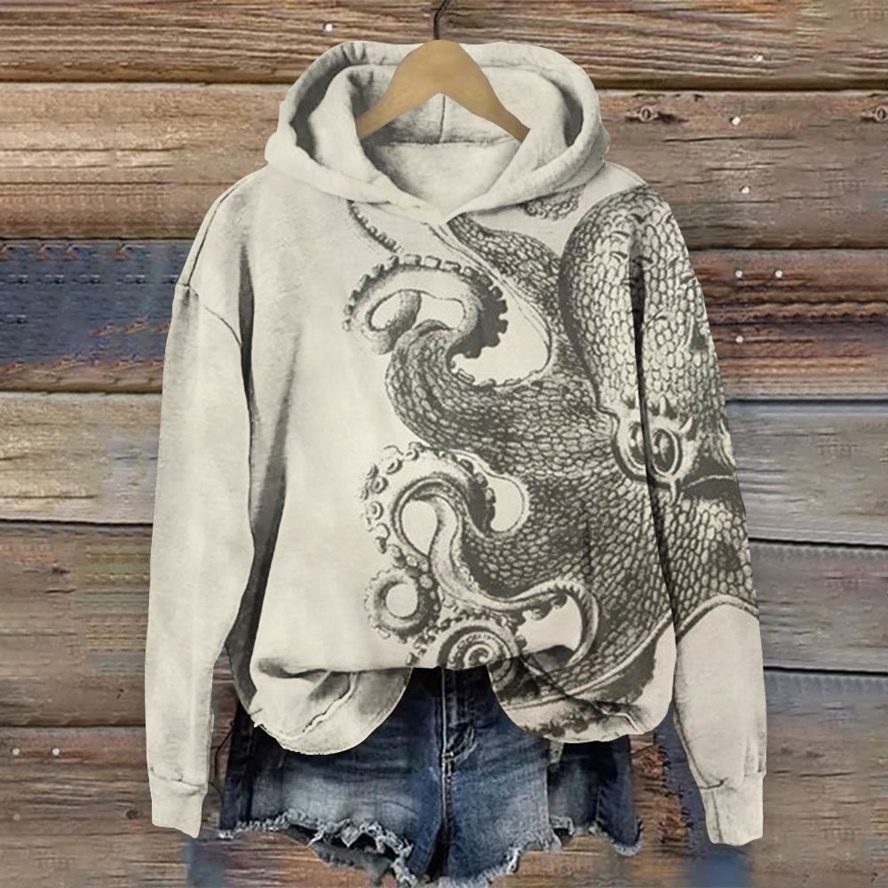 Vintage Octopus Print Long Sleeve Hoodie - Apricot - 8XL - image 1