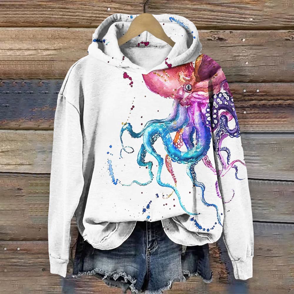 Colorful Watercolor Octopus Print Long Sleeve Hoodie - White - 8XL - image 1