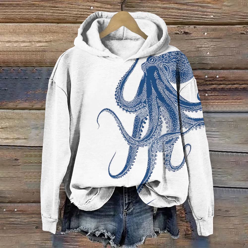 Simple Casual Octopus Print Long Sleeve Hoodie - White - 8XL - image 1