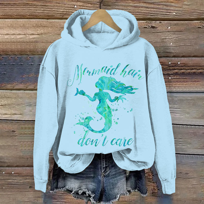 Mermaid Hair Don't Care Print Long Sleeve Hoodie - Light Blue - 8XL - image 2