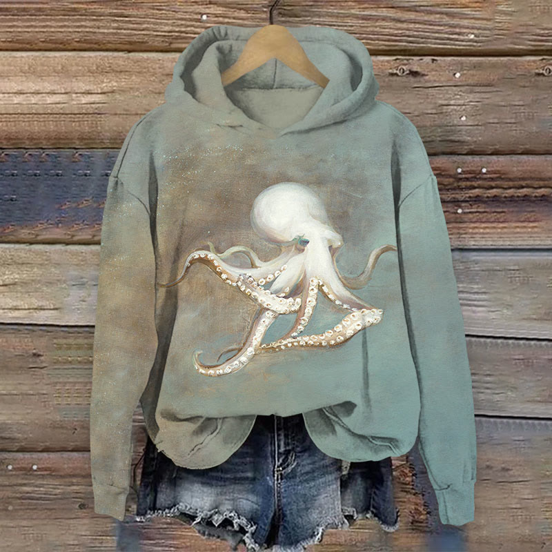 Women's Oil Painting Elegant Octopus Print Long Sleeve Hoodie - Grey - 8XL - image 1