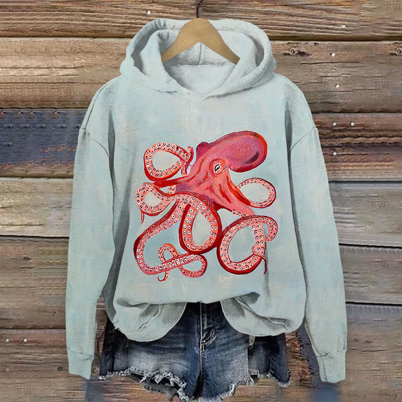 Watercolor Vibrant Octopus Print Long Sleeve Hoodie - Mint - 8XL - image 1