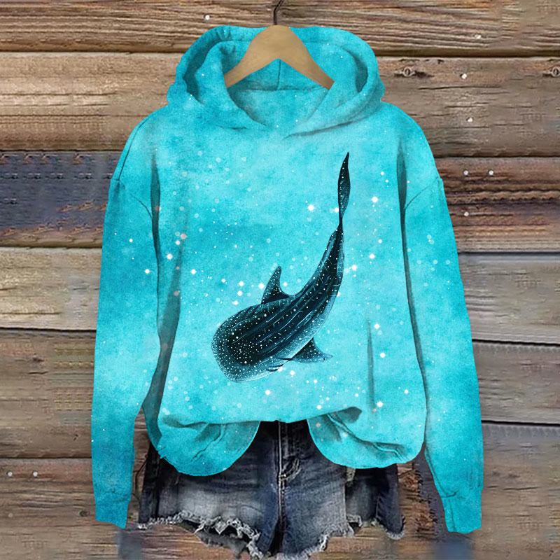 Starry Whale Shark Dream Print Long Sleeve Hoodie - Lake Blue - 8XL - image 1