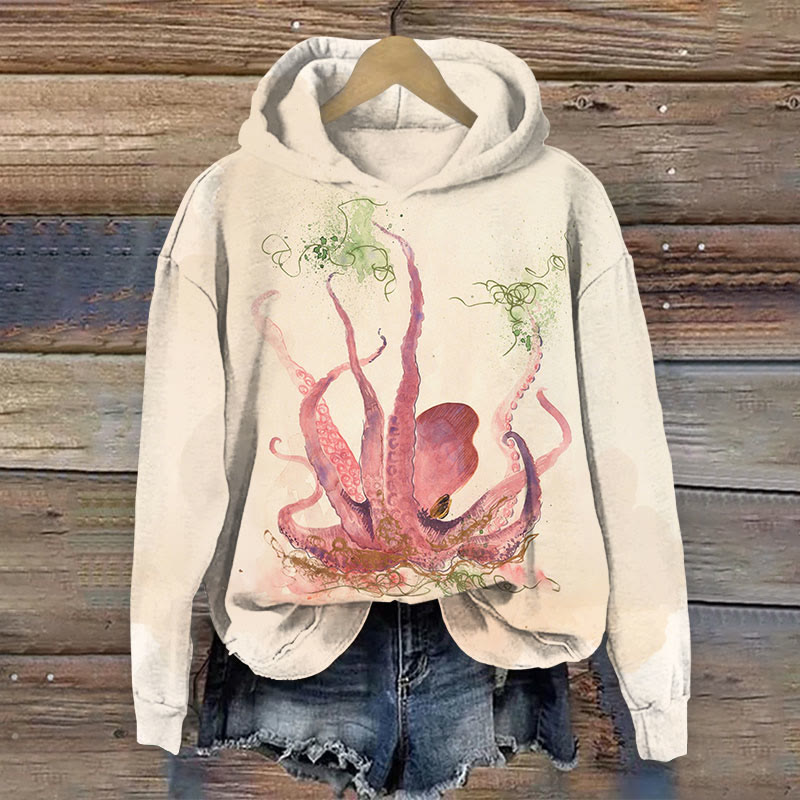 Whimsical Pink Octopus Print Long Sleeve Hoodie - Apricot - 8XL - image 1