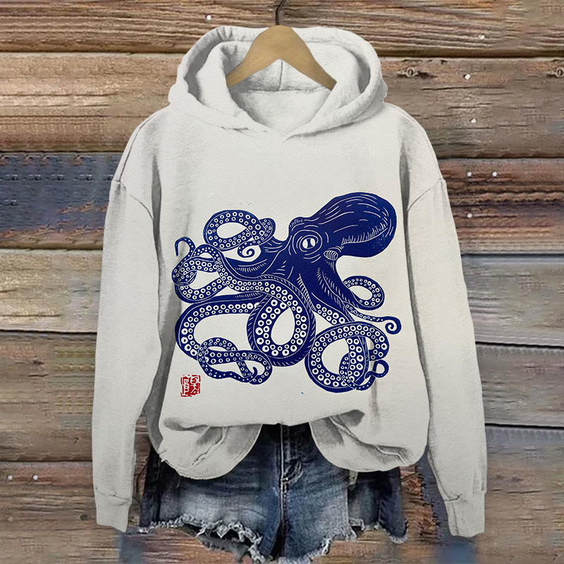 Japanese Vintage Navy Blue Octopus Print Long Sleeve Hoodie - Light Gray - 8XL - image 1