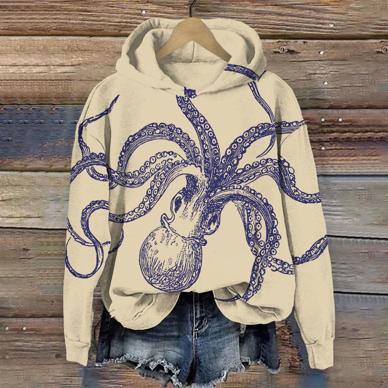 Japanese Vintage Blue Octopus Print Long Sleeve Hoodie - Khaki - 8XL - image 1