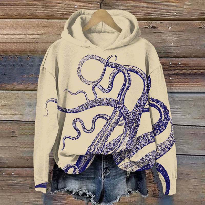 Creative Blue Octopus Tentacles Print Long Sleeve Hoodie - Khaki - 8XL - image 1