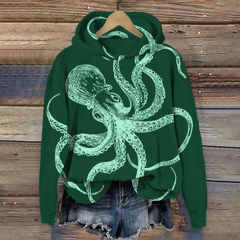 Vintage Glow Green Octopus Print Long Sleeve Hoodie - Green - 8XL - image 1