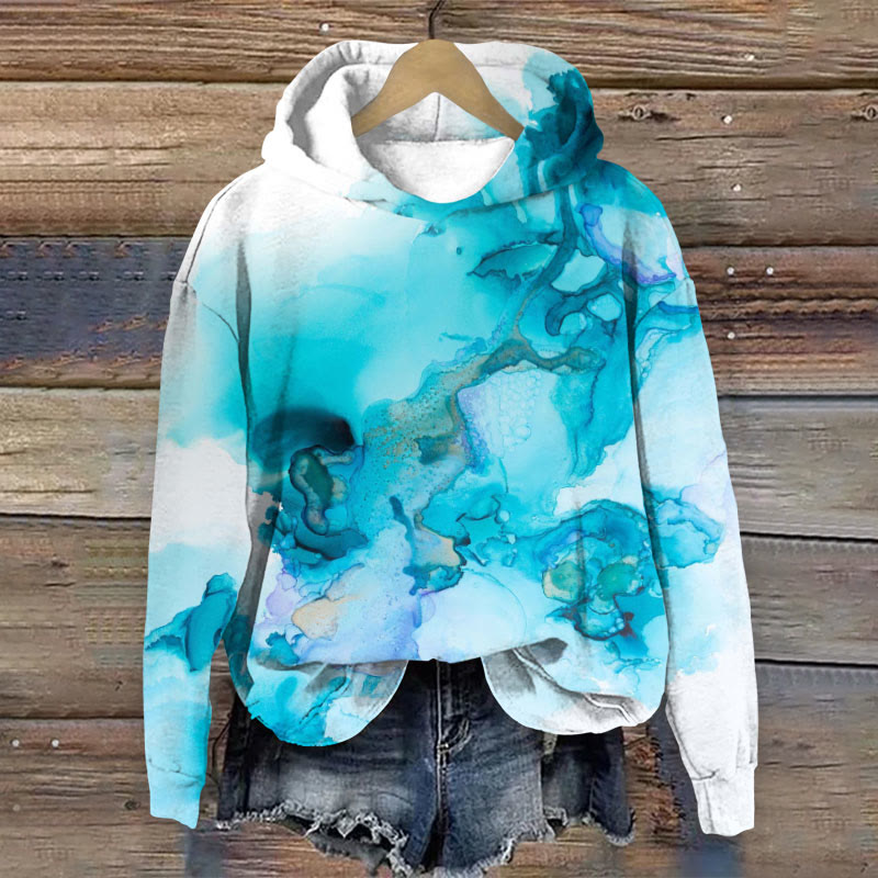Ocean Breeze Watercolor Print Long Sleeve Hoodie - Lake Blue - 8XL - image 1