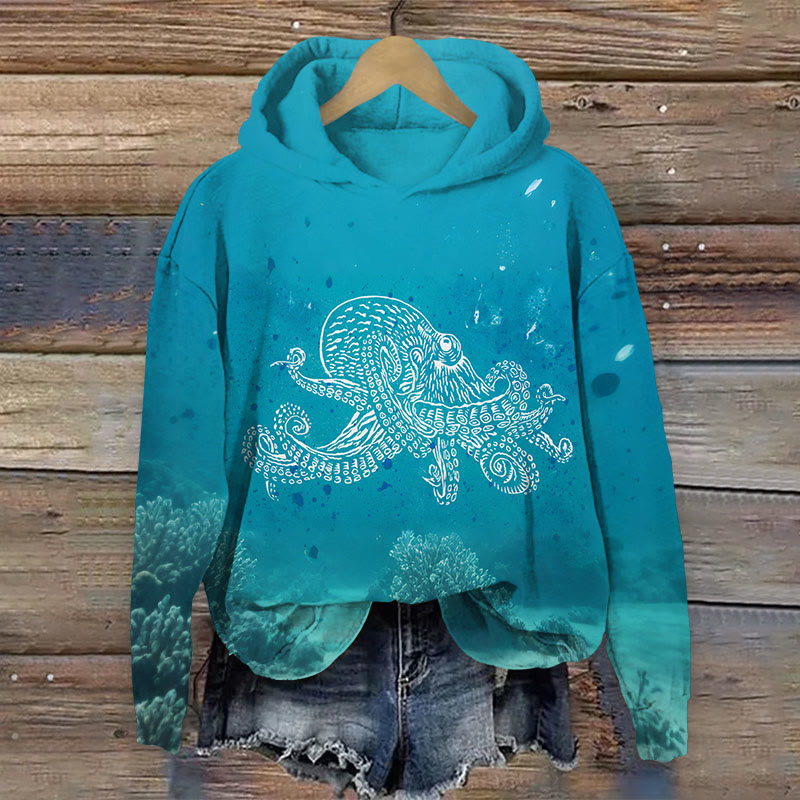Deep Sea Abstract Octopus Print Long Sleeve Hoodie - Blue - 8XL - image 1