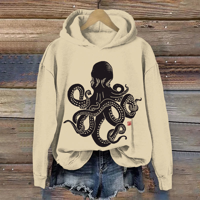 Japanese Vintage Black Ink Octopus Print Long Sleeve Hoodie - Khaki - 8XL - image 1