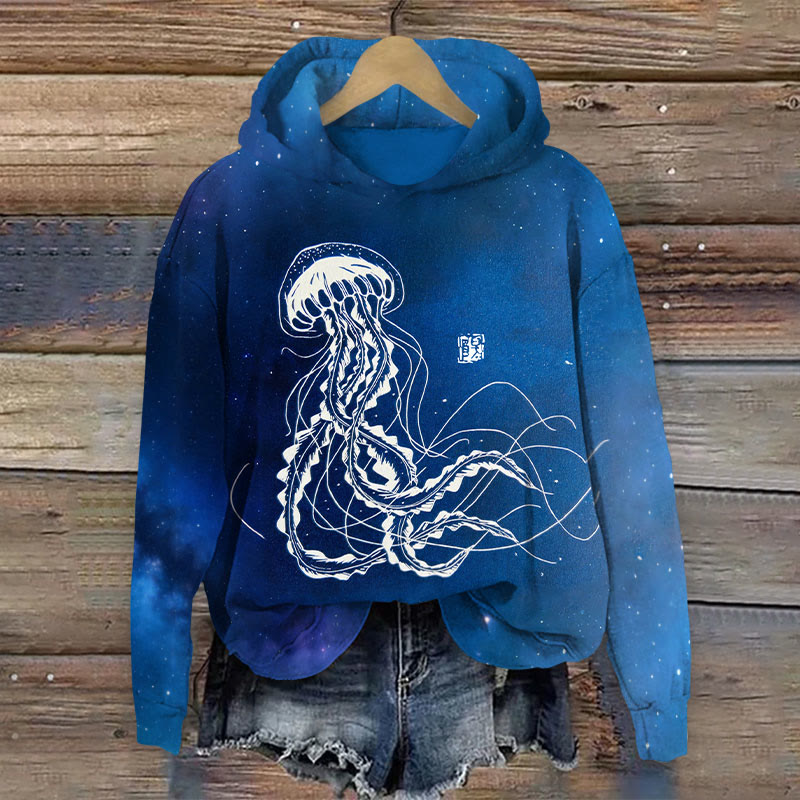 Japanese Cosmic Jellyfish Print Long Sleeve Hoodie - Blue - 8XL - image 1