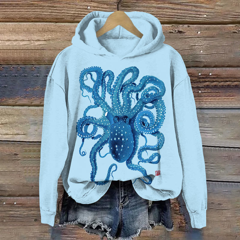 Japanese Blue Polka Dot Octopus Print Long Sleeve Hoodie - Blue - 8XL - image 1