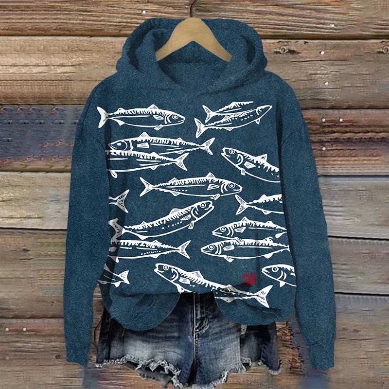 Japanese Sardine Fish School Print Long Sleeve Hoodie - Dark Blue - 8XL - image 1