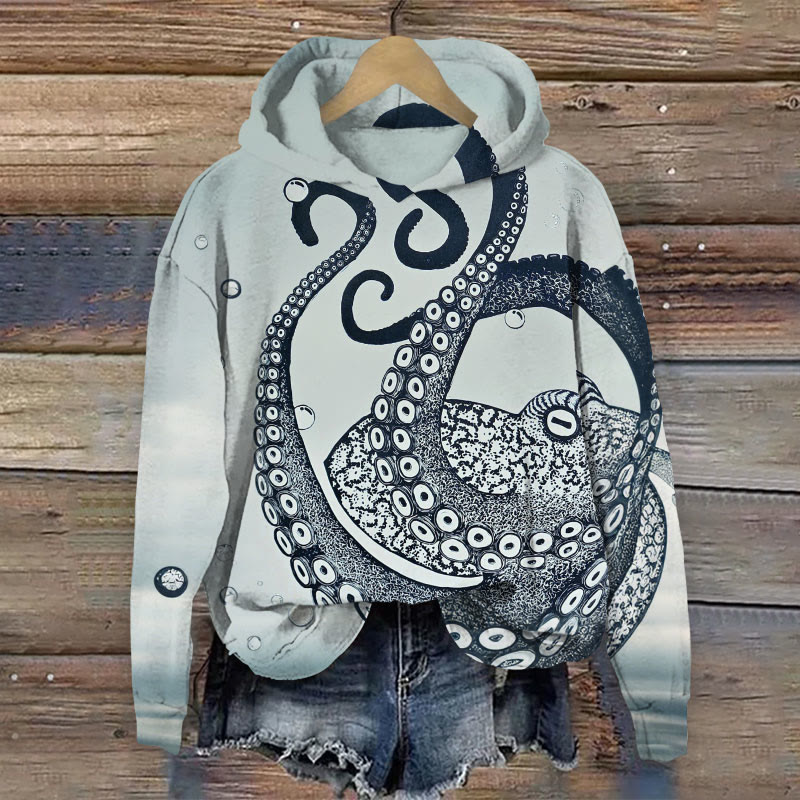 Creative Giant Octopus Print Long Sleeve Hoodie - Light Gray - 8XL - image 1