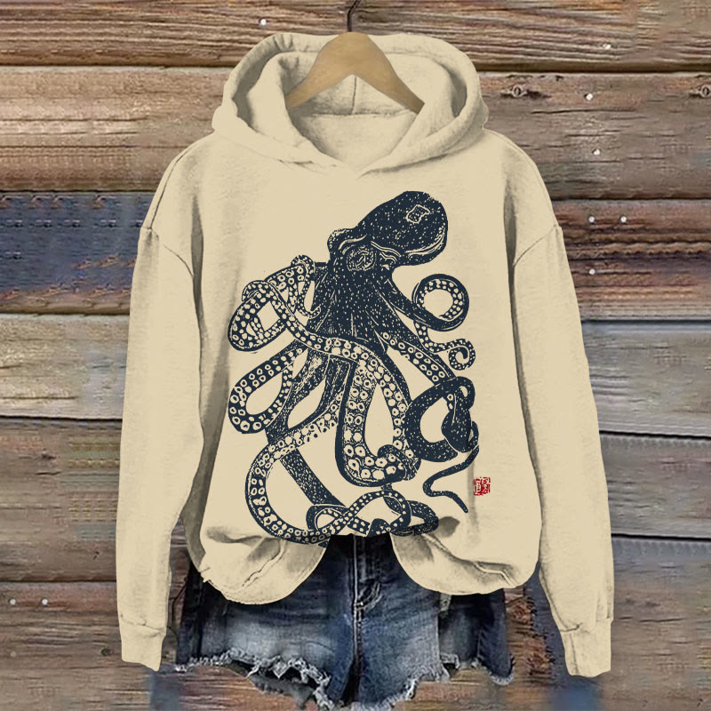 Japanese Vintage Ink Octopus Print Long Sleeve Hoodie - Khaki - 8XL - image 1