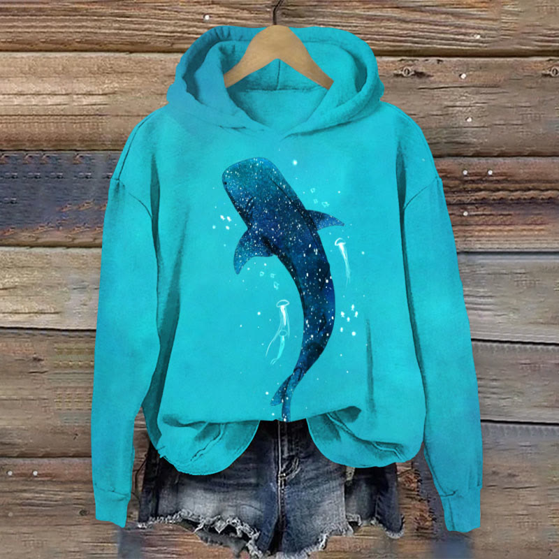 Starry Ocean Jellyfish ＆whale  Print Long Sleeve Hoodie - Lake Blue - 8XL - image 1