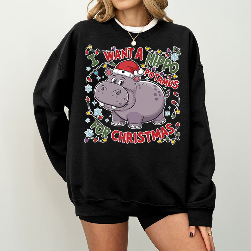Unisex 100% Cotton Cute Hippopotamus For Christmas Print Round Neck Sweatshirt - Black - 2XL - image 1