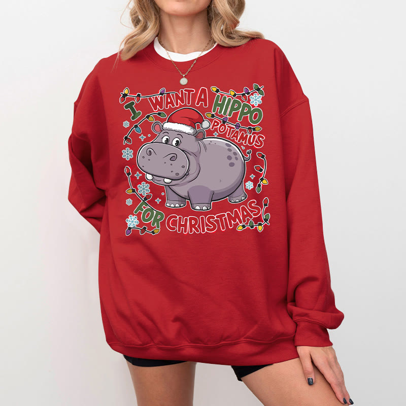 Unisex 100% Cotton Cute Hippopotamus For Christmas Print Round Neck Sweatshirt - Red - 2XL - image 5