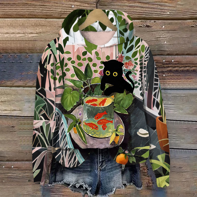 Women's Oil Painting Garden Cat And Goldfish Print Long Sleeve Hoodie - Multicolor - 8XL - image 1