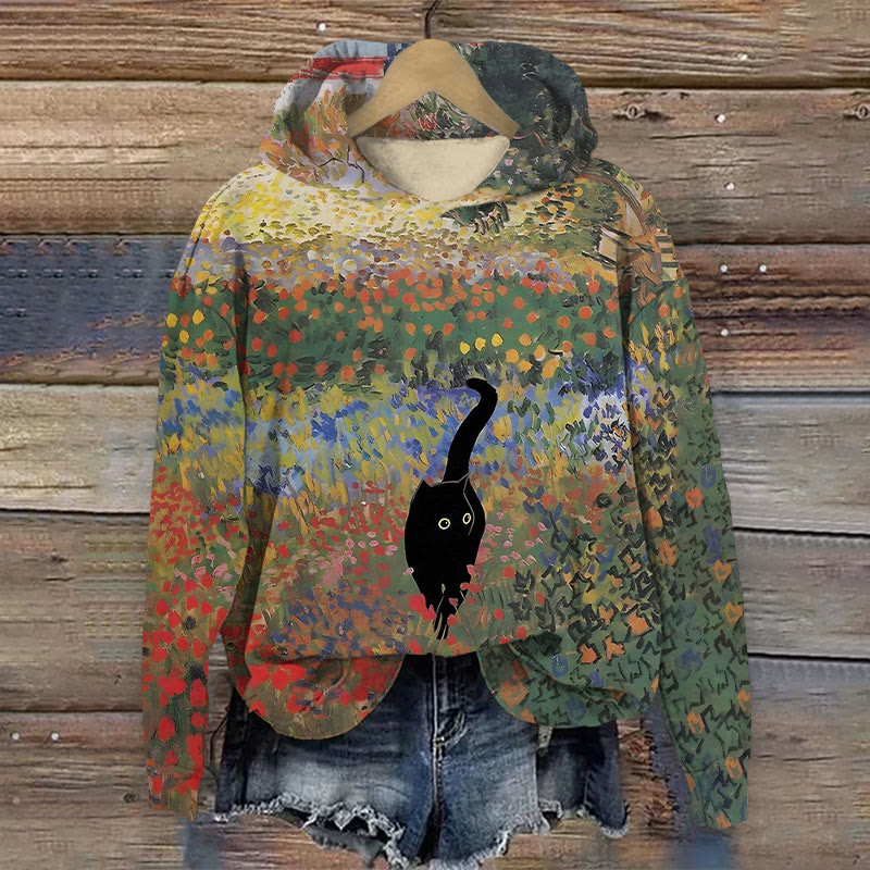 Women's Impressionist Colorful Floral Cat Print Long Sleeve Hoodie - Multicolor - 8XL - image 1