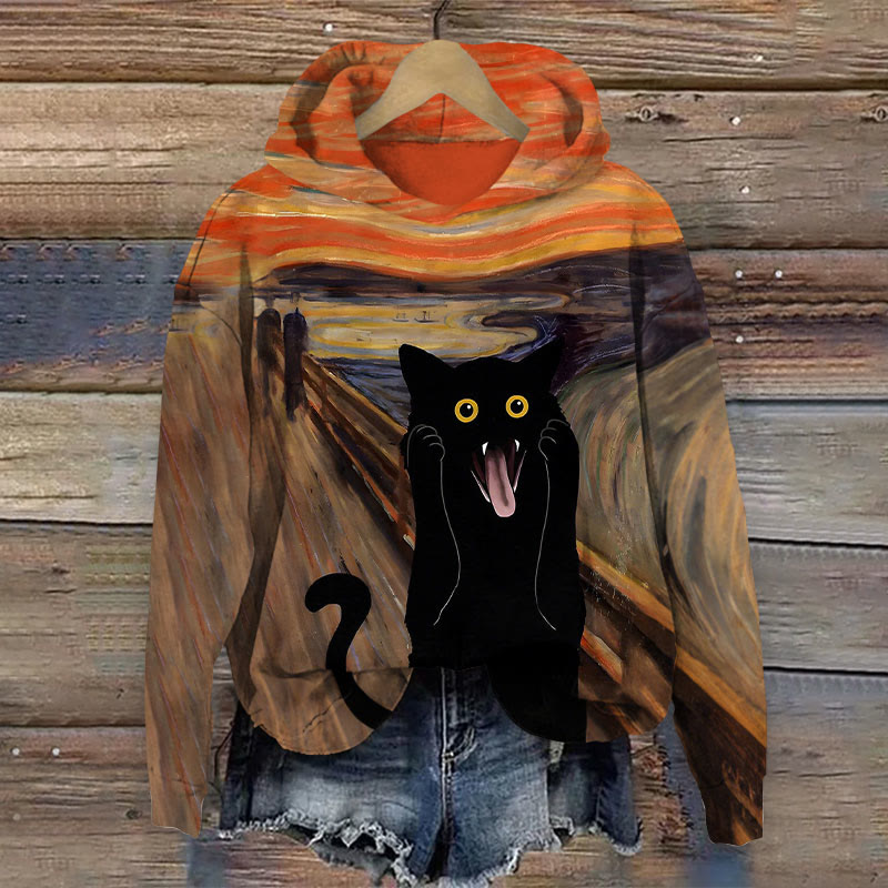Women's Abstract Screaming Cat Print Long Sleeve Hoodie - Multicolor - 8XL - image 1