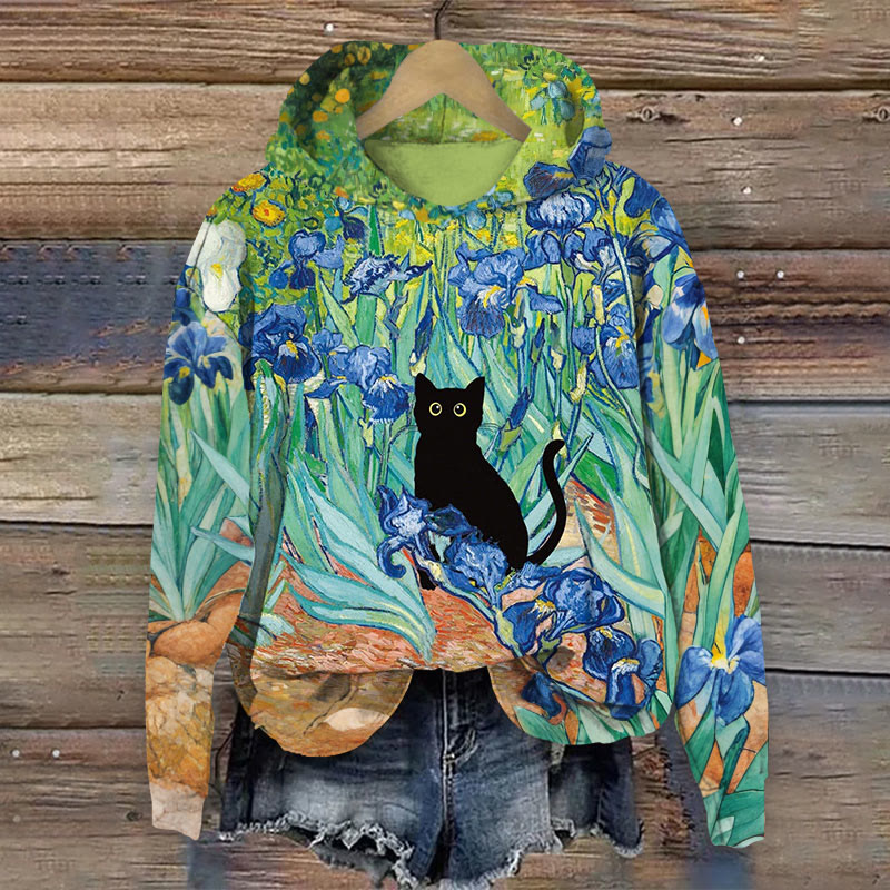 Women's Romantic Iris Floral Cat Print Long Sleeve Hoodie - Multicolor - 8XL - image 1
