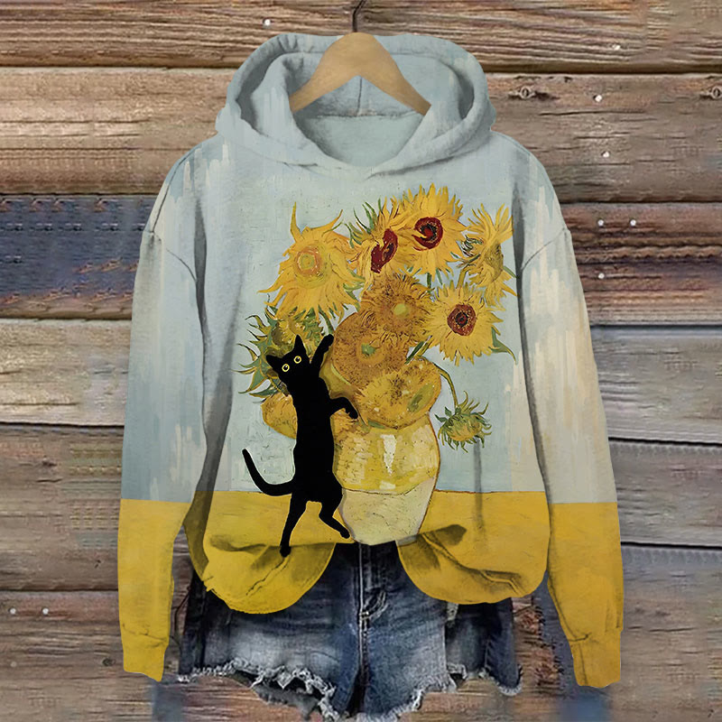Women's Sunflower Vase Black Cat Print Long Sleeve Hoodie - Yellow - 8XL - image 1