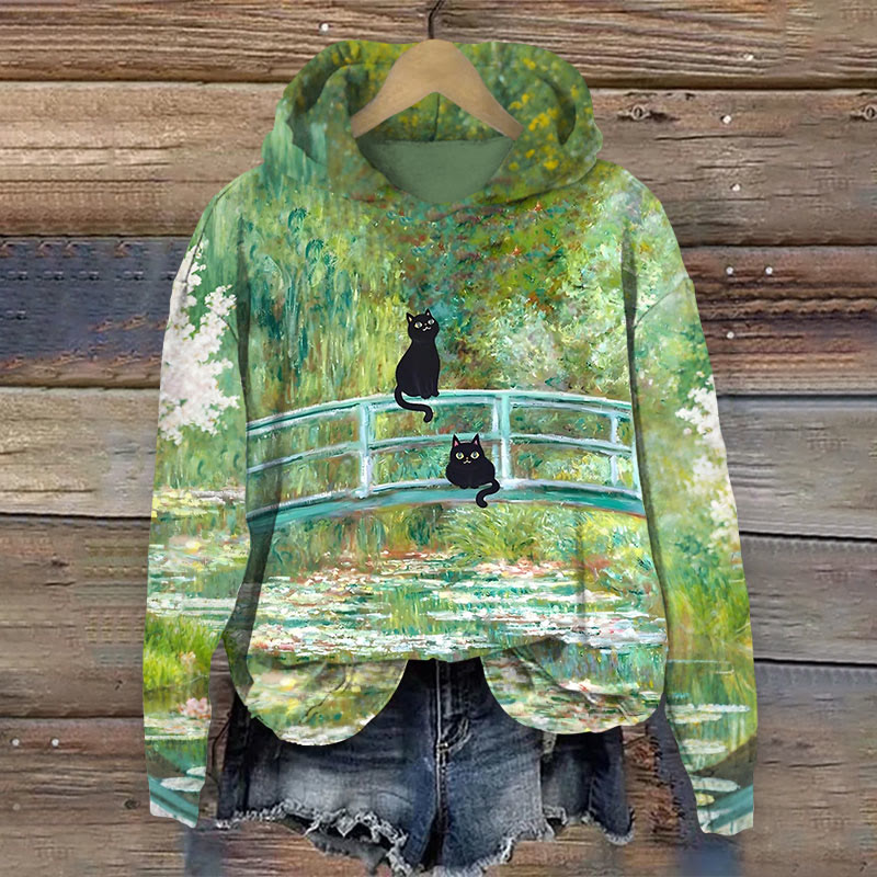 Women's Bridge Over Water Lilies Cat  Print Long Sleeve Hoodie - Green - 8XL - image 1