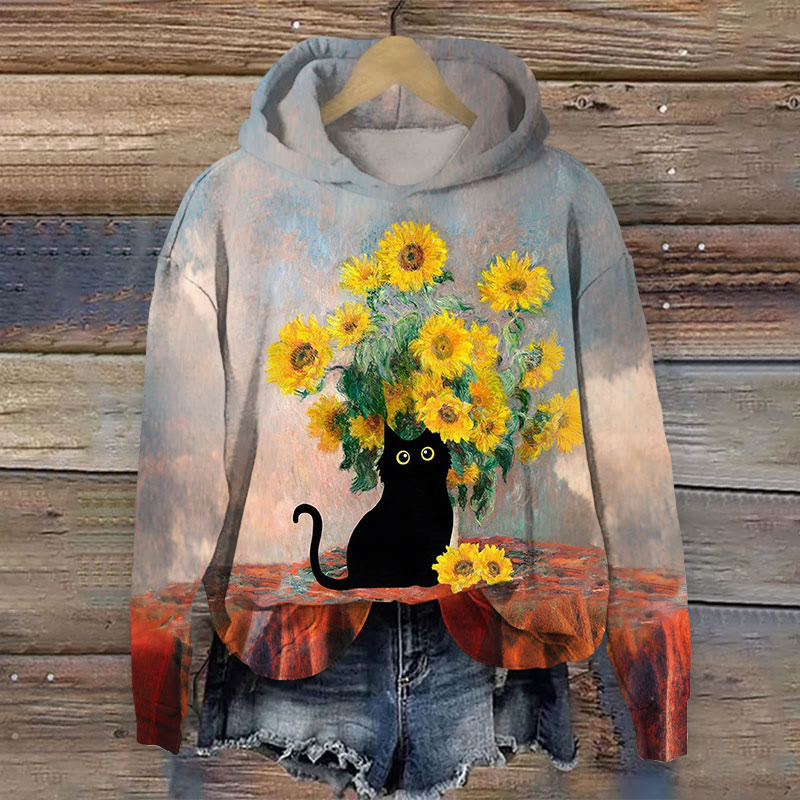 Women's Sunflower Bouquet Cute Cat  Print Long Sleeve Hoodie - Multicolor - 8XL - image 1