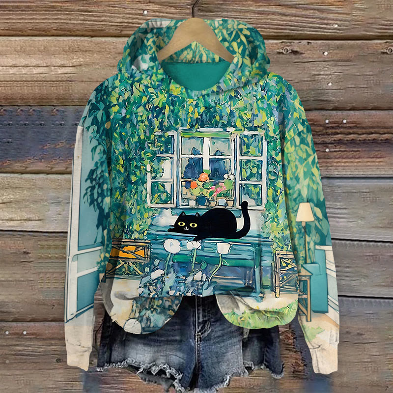 Women's Window Plants Black Cat Print Long Sleeve Hoodie - Green - 8XL - image 1