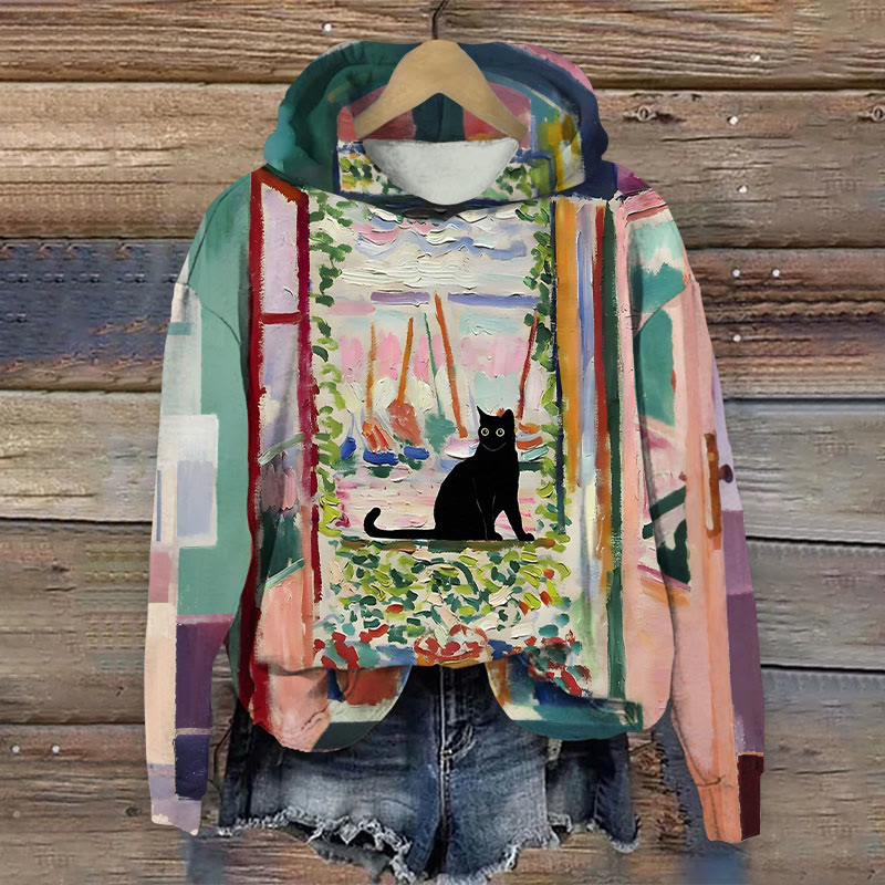 Women's Oil Painting Abstract Window Cat Print Long Sleeve Hoodie - Multicolor - 8XL - image 1