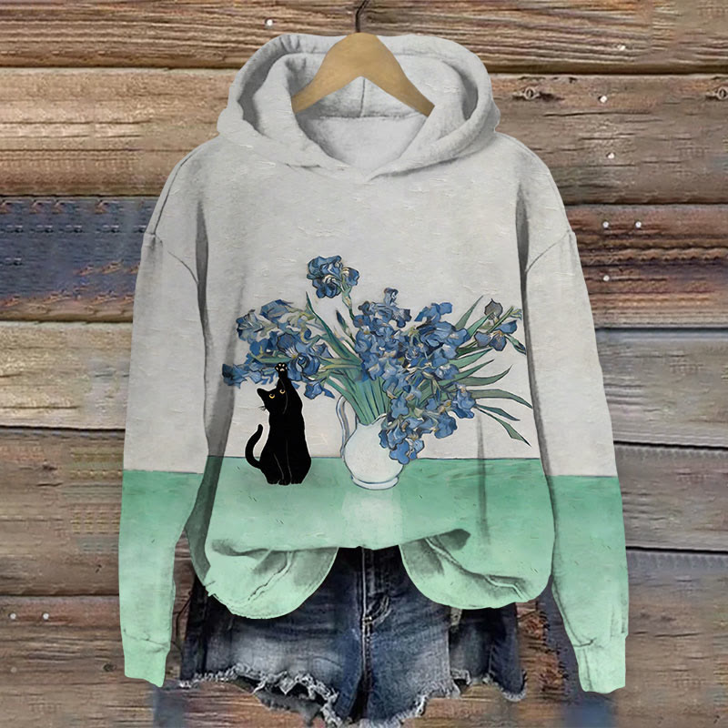 Women's Blue Iris Vase Cat Print Long Sleeve Hoodie - Light Gray - 8XL - image 1