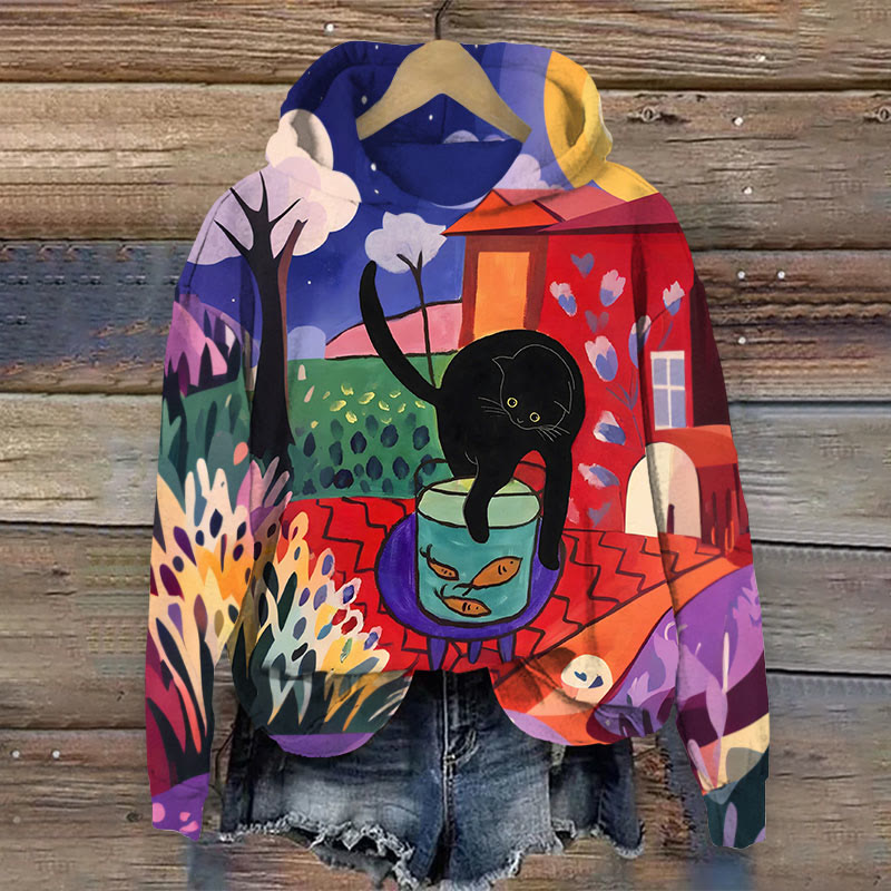 Women's Colorful Garden Cat Playing Goldfish Print Long Sleeve Hoodie - Multicolor - 8XL - image 1