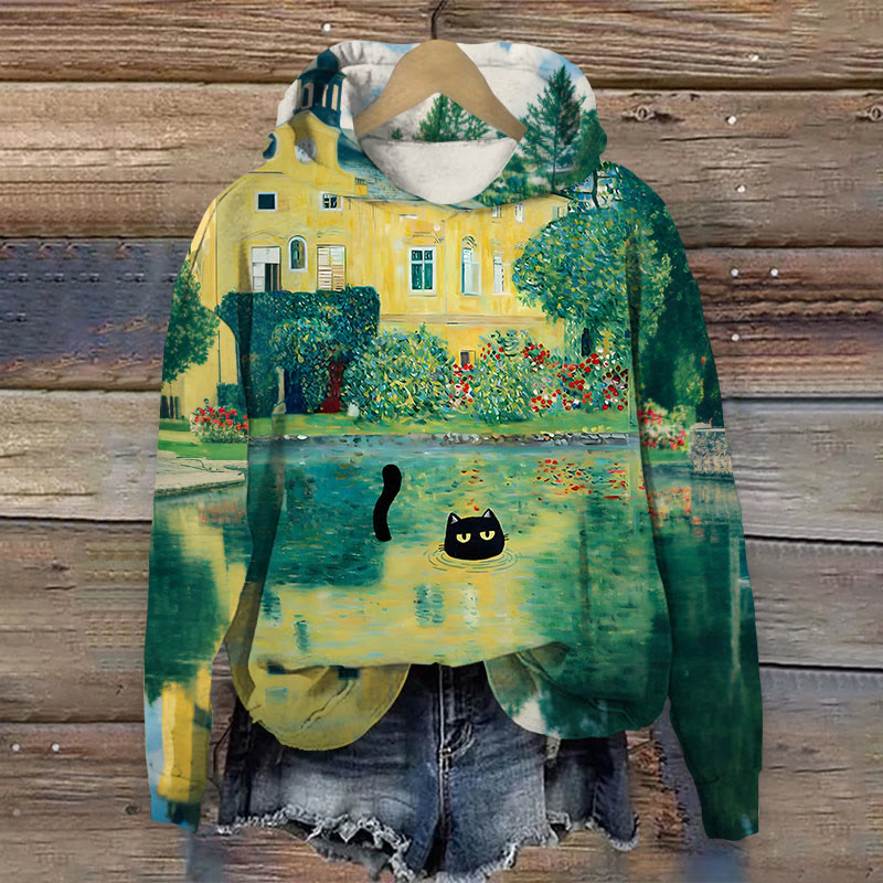 Women's Lakeside Manor Lovely Cat Print Long Sleeve Hoodie - Green - 8XL - image 1