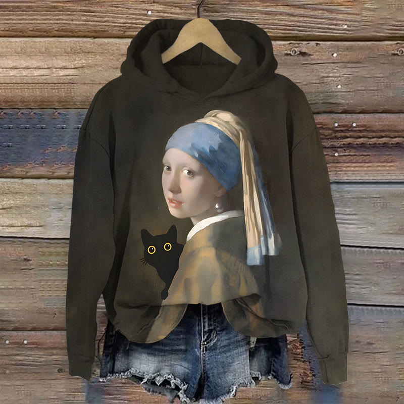 Women's Classic Portrait Cat Print Long Sleeve Hoodie - Brown - 8XL - image 1